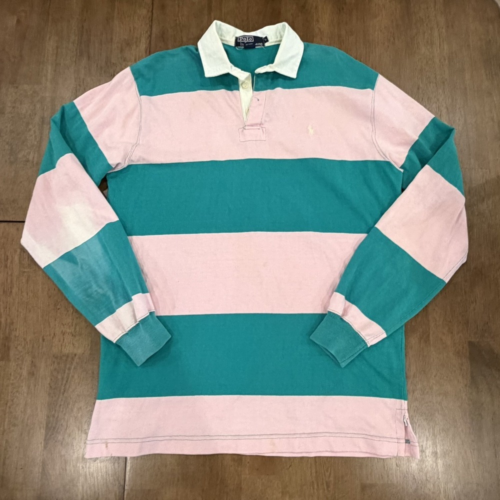 Vtg Polo Ralph Lauren Rugby Shirt L Pink Green Striped Long Sleeve Preppy Pony